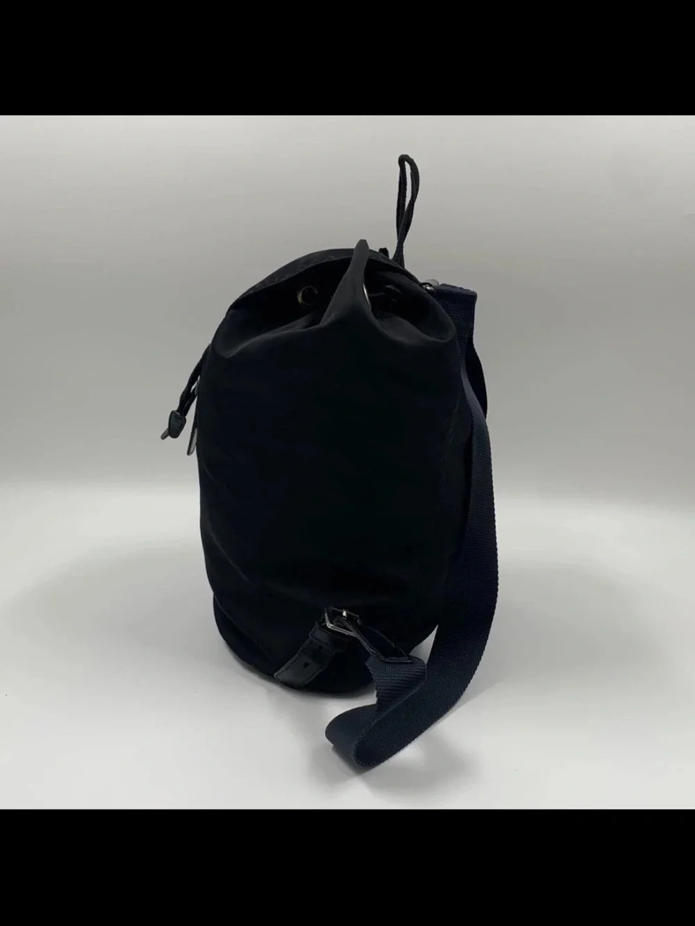 Prada Black Nylon Drawstring Flap Backpack with Buckle